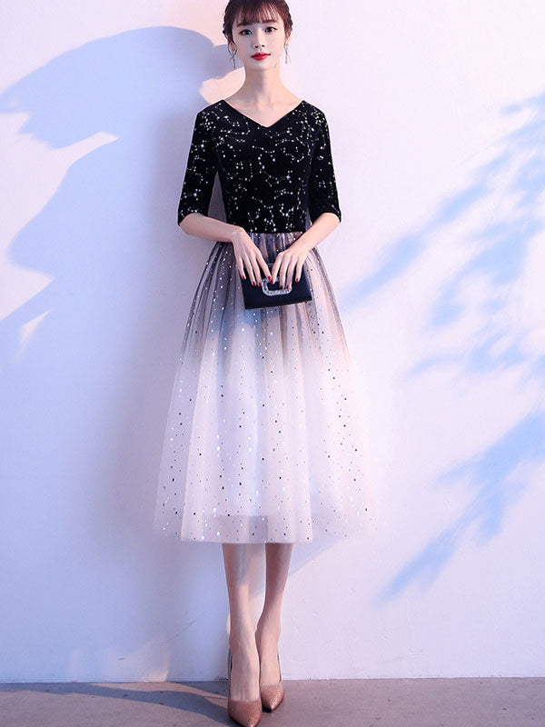 Gradient Black Floor Mid Tulle Evening Prom Dress