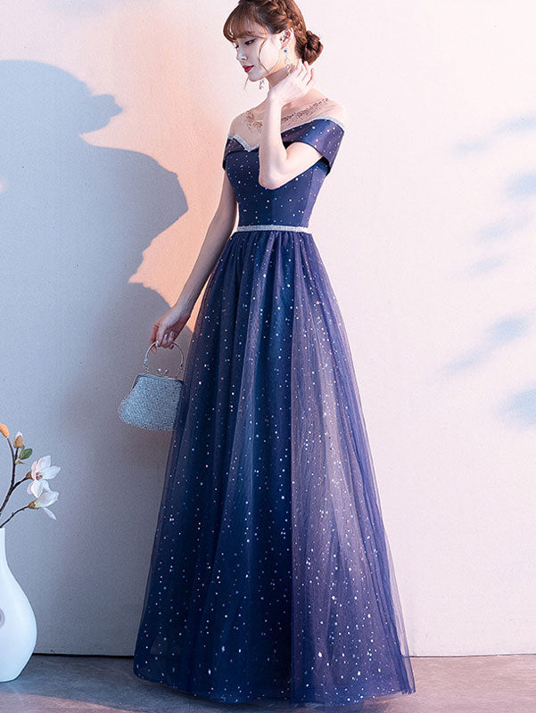 Blue Starry Tulle Prom Dress With Illusion Shoulder