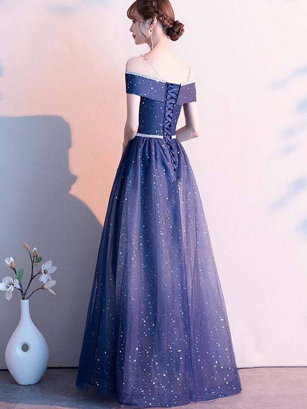 Blue Starry Tulle Prom Dress With Illusion Shoulder