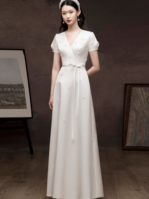 White Red Pearl Embellished Belt Engagement Dress