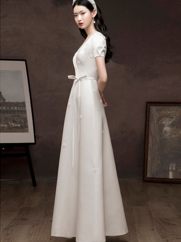 White Red Pearl Embellished Belt Engagement Dress