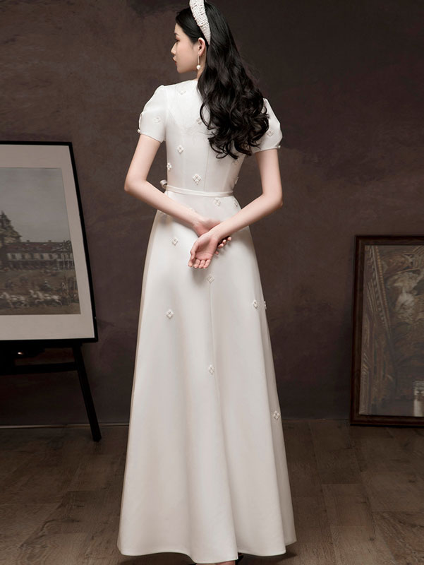 White Red Pearl Embellished Belt Engagement Dress