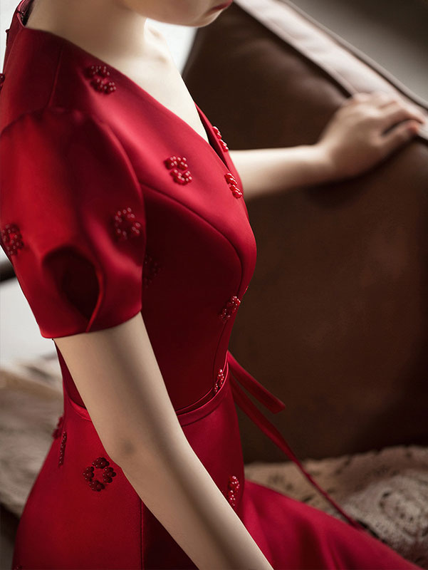 White Red Pearl Embellished Belt Engagement Dress