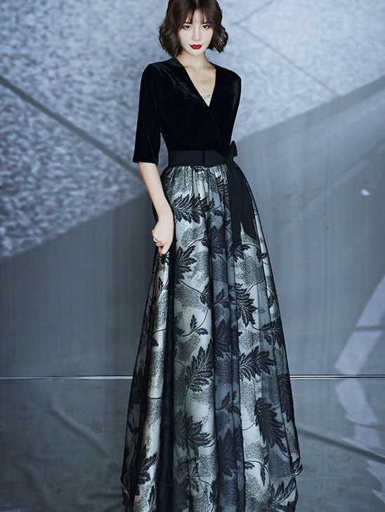 Black Fit & Flare Tie Floor-Length Prom Dress