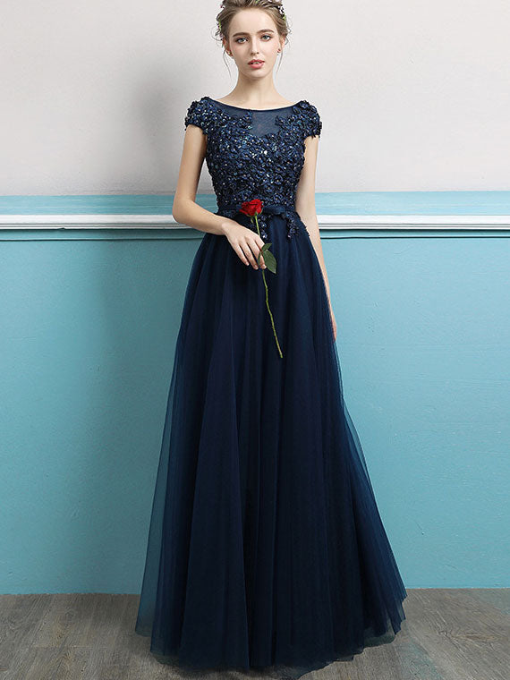 Blue Pink Appliques A-Line Tulle Cut-out Back Prom Dress