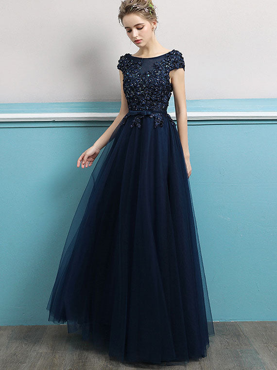 Blue Pink Appliques A-Line Tulle Cut-out Back Prom Dress
