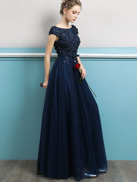 Blue Pink Appliques A-Line Tulle Cut-out Back Prom Dress
