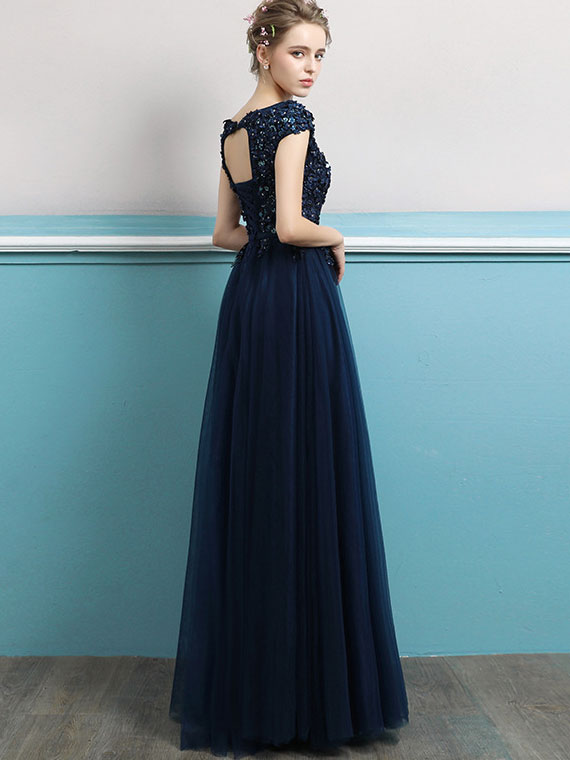 Blue Pink Appliques A-Line Tulle Cut-out Back Prom Dress