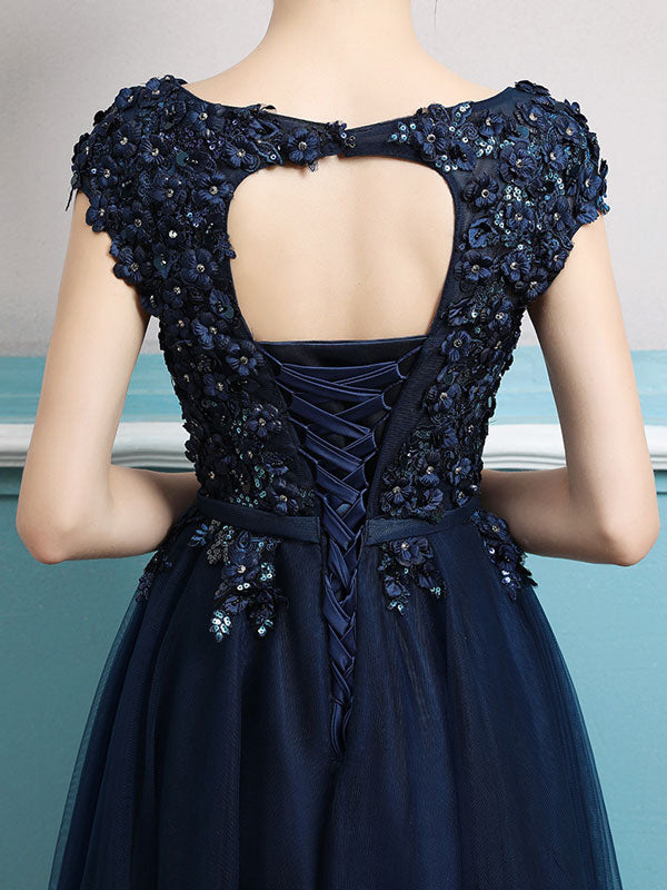 Blue Pink Appliques A-Line Tulle Cut-out Back Prom Dress
