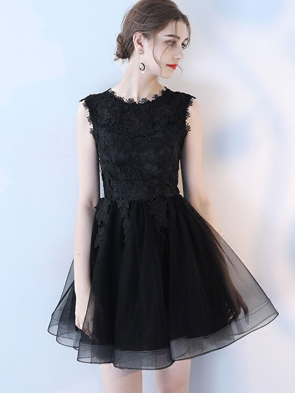 Lace A Line Mini Tulle Dress in Black Beige