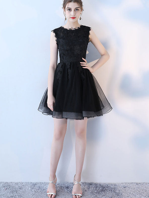 Lace A Line Mini Tulle Dress in Black Beige