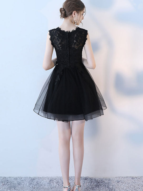Lace A Line Mini Tulle Dress in Black Beige