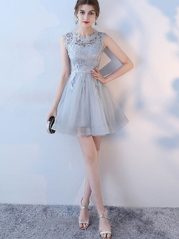 Lace A Line Mini Tulle Dress in Black Beige