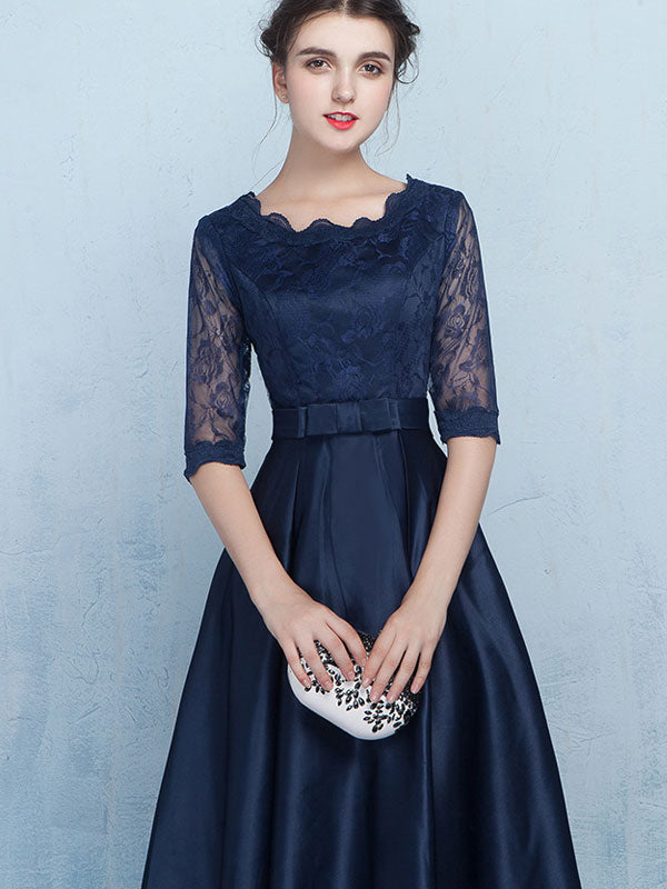 Beige Blue Fit & Flare Tea-Length Prom Dress