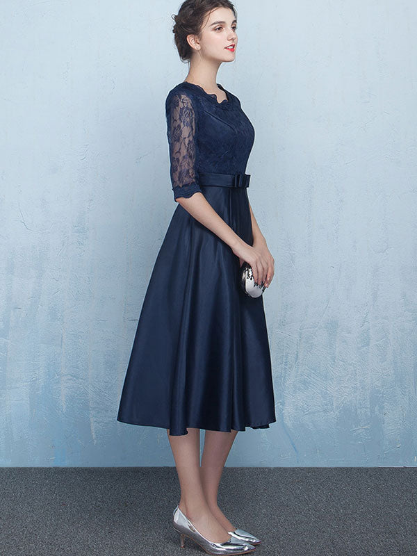 Beige Blue Fit & Flare Tea-Length Prom Dress