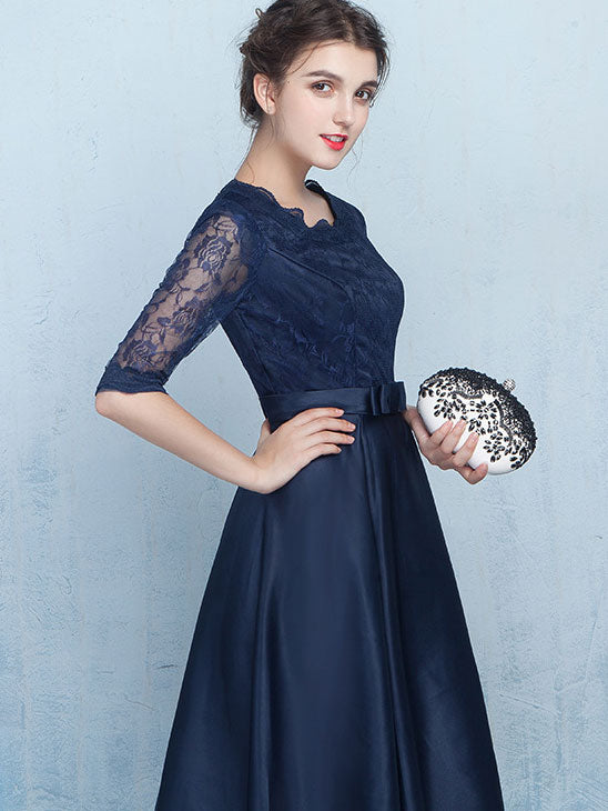 Beige Blue Fit & Flare Tea-Length Prom Dress