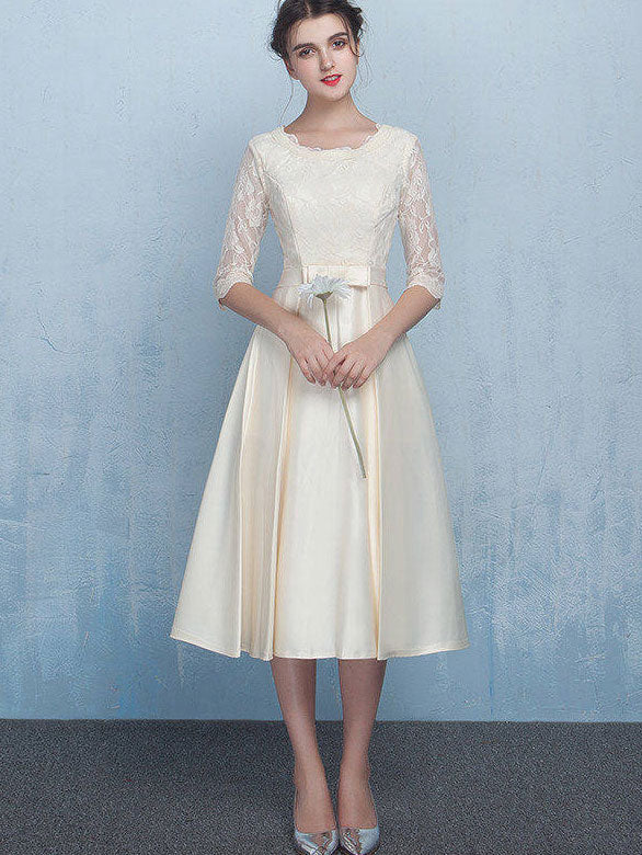 Beige Blue Fit & Flare Tea-Length Prom Dress