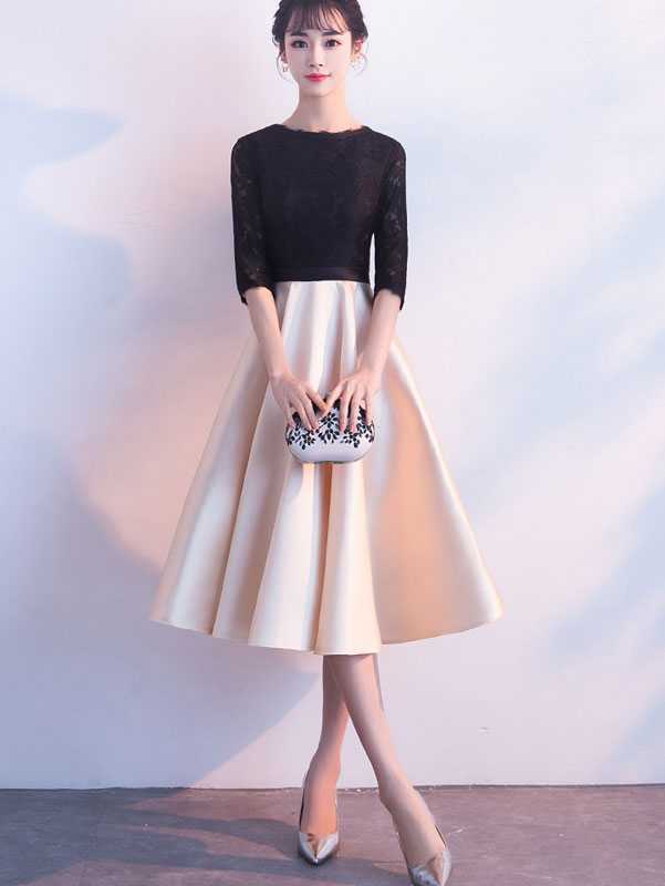 Color-blocked Belt Fit & Flare Tea-Length Prom Dress