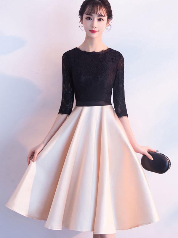 Color-blocked Belt Fit & Flare Tea-Length Prom Dress