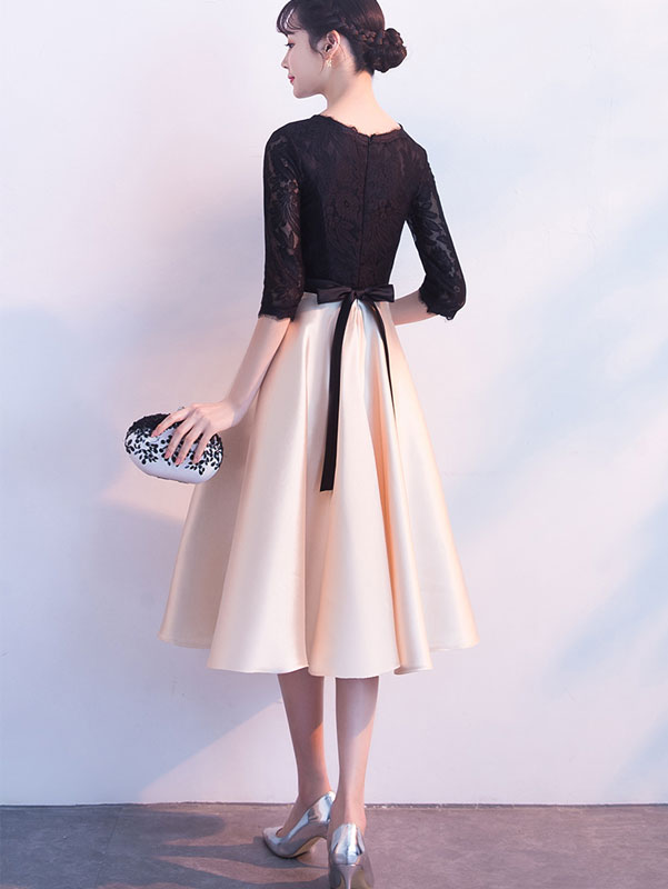 Color-blocked Belt Fit & Flare Tea-Length Prom Dress