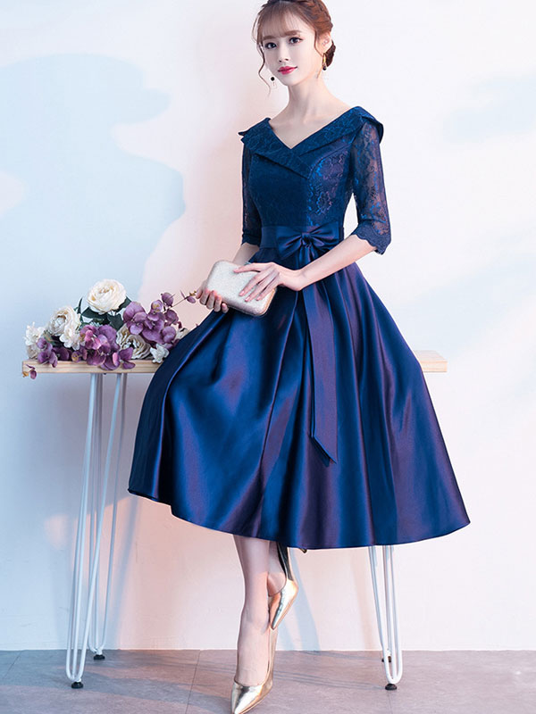 Navy Blue Fit & Flare Midi V-neck Party Dress