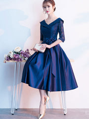 Navy Blue Fit & Flare Midi V-neck Party Dress - IMALLURE – imallure