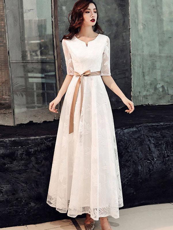 White Black Fit & Flare Lace Floor Length Evening Prom Dress