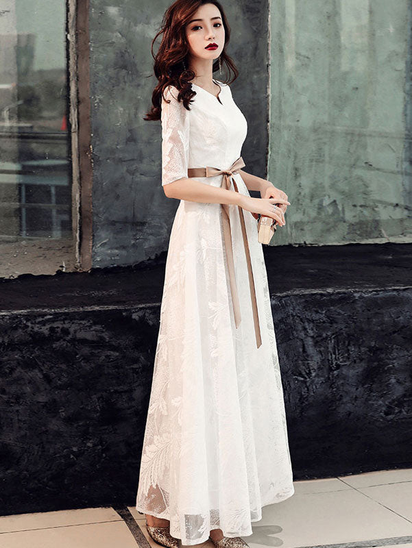 White Black Fit & Flare Lace Floor Length Evening Prom Dress