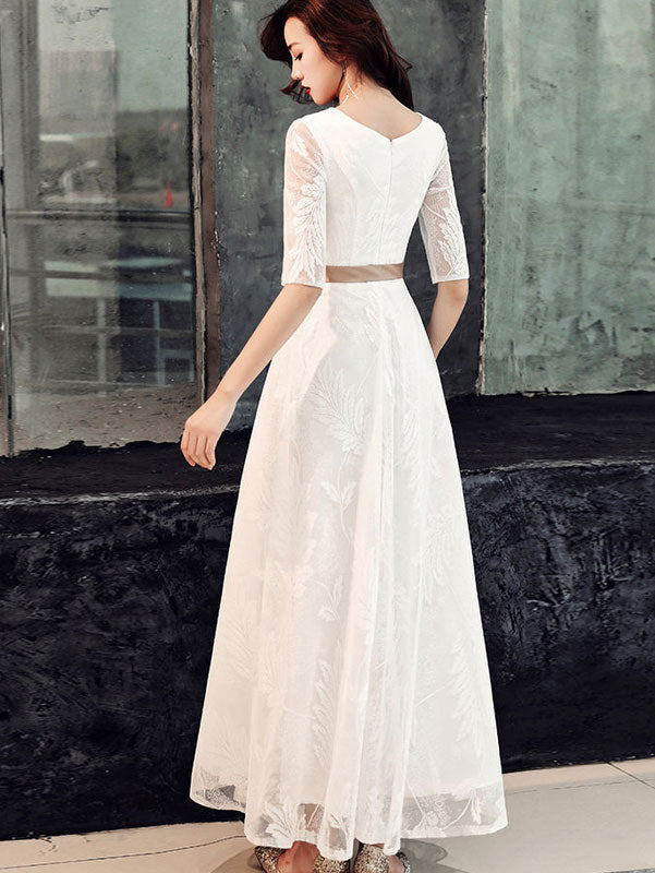 White Black Fit & Flare Lace Floor Length Evening Prom Dress