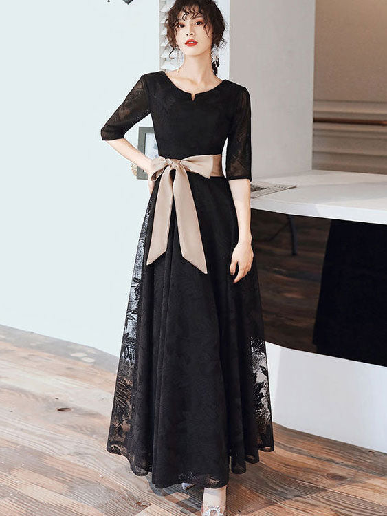 White Black Fit & Flare Lace Floor Length Evening Prom Dress