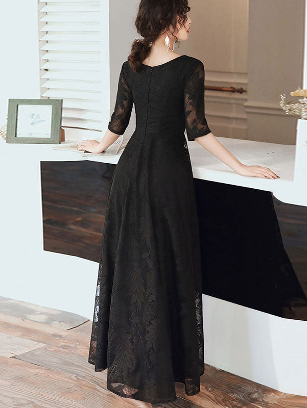 White Black Fit & Flare Lace Floor Length Evening Prom Dress