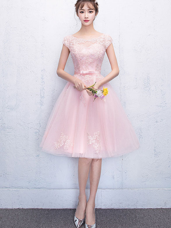 Pink Appliques Bridesmaids Short Tulle Wedding Dress