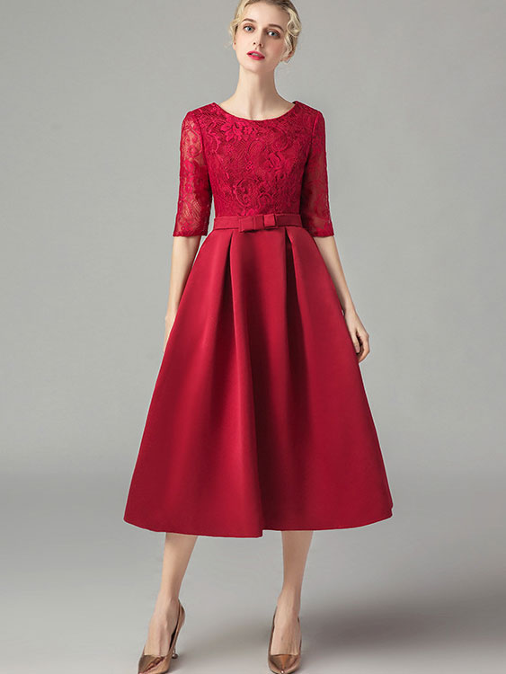 Wine Red Fit & Flare Mid Tea Dress