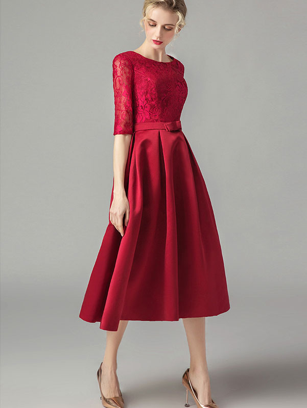 Wine Red Fit & Flare Mid Tea Dress
