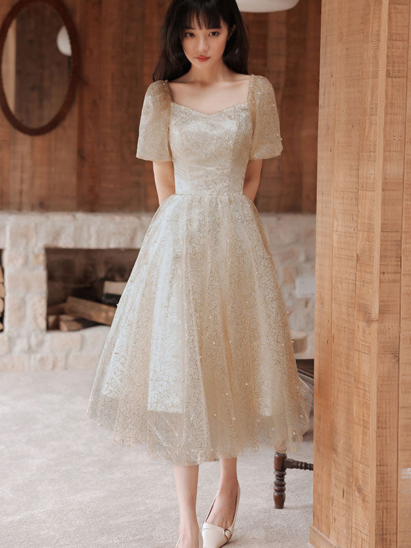 Beaded Bronzing Stripe Fit & Flare Puff Sleeve Dress