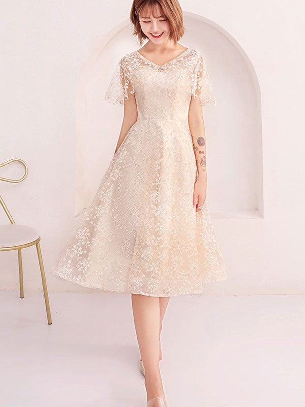 Beige Red Lace Fit & Flare Flutter Sleeve Mid Dress