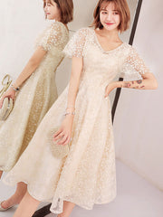 Beige Red Lace Fit & Flare Flutter Sleeve Mid Dress
