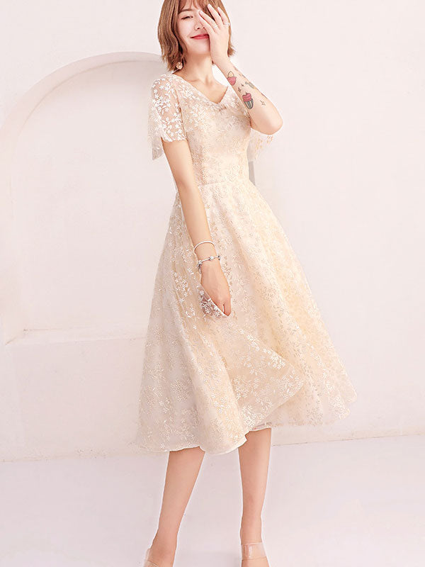 Beige Red Lace Fit & Flare Flutter Sleeve Mid Dress