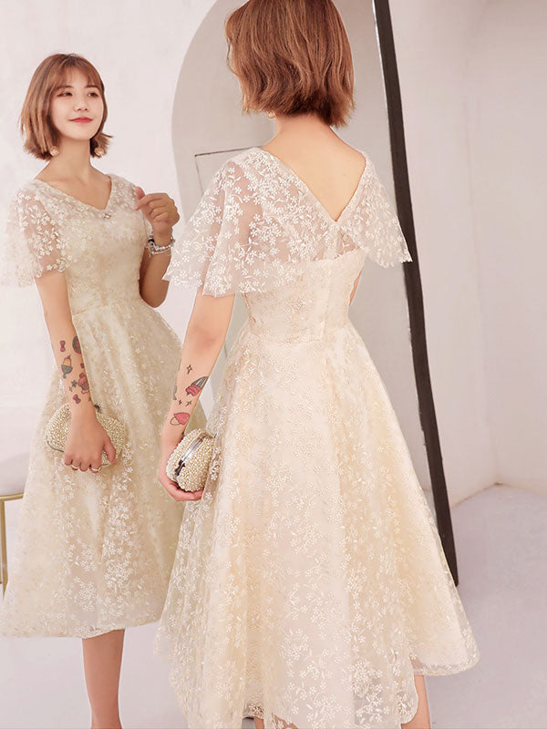 Beige Red Lace Fit & Flare Flutter Sleeve Mid Dress