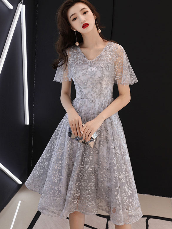 Beige Red Lace Fit & Flare Flutter Sleeve Mid Dress