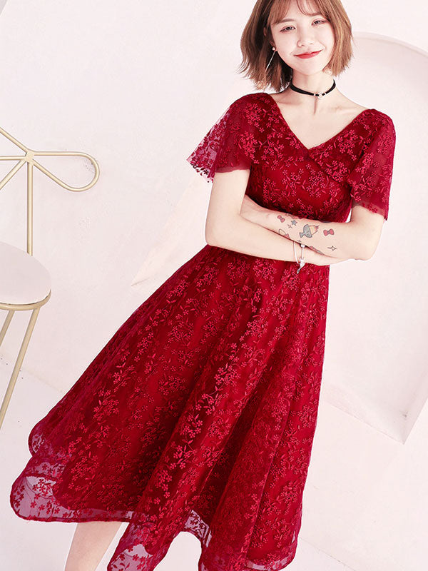 Beige Red Lace Fit & Flare Flutter Sleeve Mid Dress