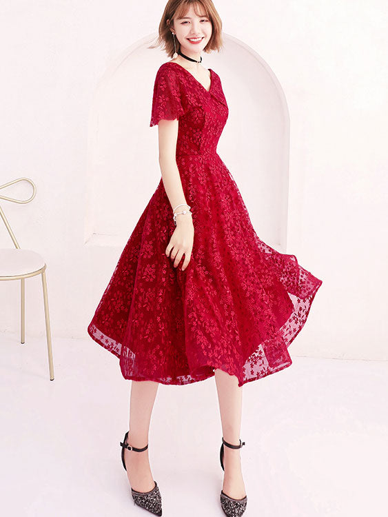 Beige Red Lace Fit & Flare Flutter Sleeve Mid Dress