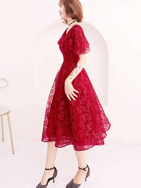 Beige Red Lace Fit & Flare Flutter Sleeve Mid Dress