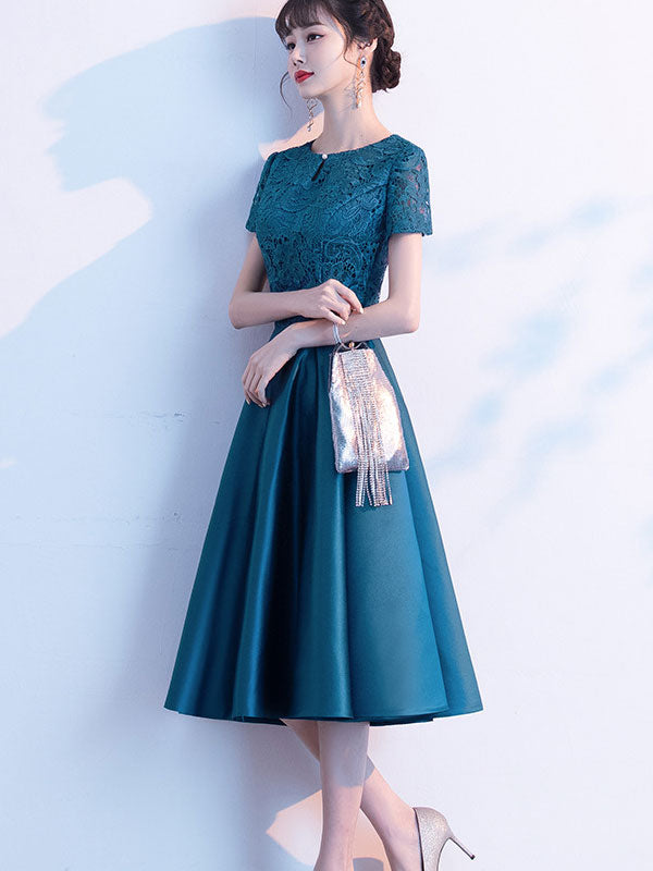 Blue Red Lace Bodice Fit & Flare Mid Dress