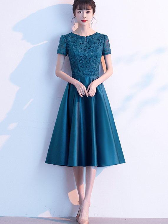 Blue Red Lace Bodice Fit & Flare Mid Dress