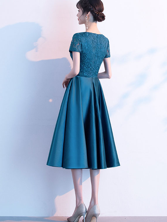Blue Red Lace Bodice Fit & Flare Mid Dress