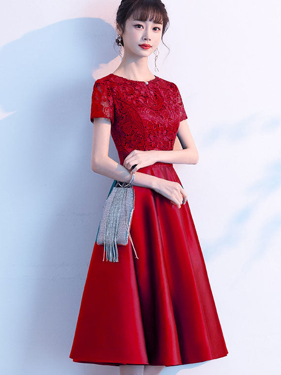 Blue Red Lace Bodice Fit & Flare Mid Dress