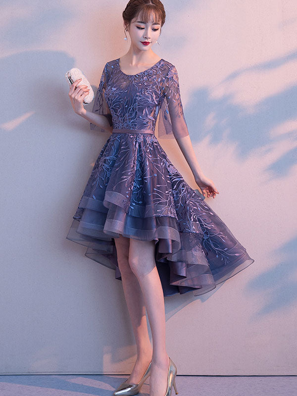 Purple Black Floral Lace High Low Mid Dress