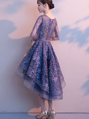 Purple Black Floral Lace High Low Mid Dress