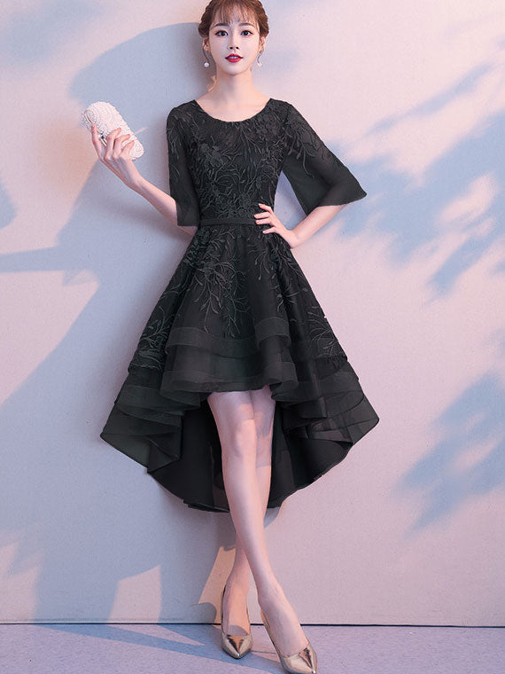 Purple Black Floral Lace High Low Mid Dress